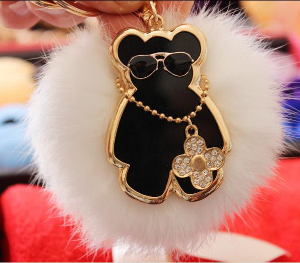 2 Colors  real rabbit Fur Pom Pom Key Chain with metal bear and Four Leaf Clover Purse bag pendant Charm Keychain