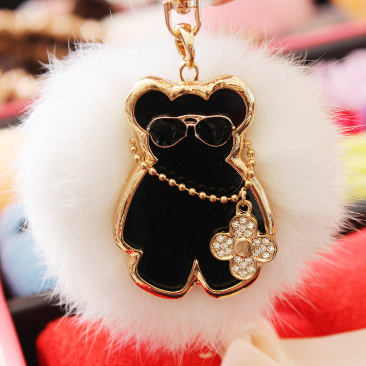 2 Colors  real rabbit Fur Pom Pom Key Chain with metal bear and Four Leaf Clover Purse bag pendant Charm Keychain