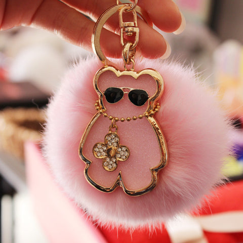 2 Colors  real rabbit Fur Pom Pom Key Chain with metal bear and Four Leaf Clover Purse bag pendant Charm Keychain