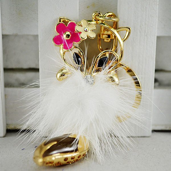 2016 New Fashion Fox Hair Flowers Keychain Key Chain Sleutelhanger Keychains Gold Plated Key Chains Laduree Purse Charms KC90