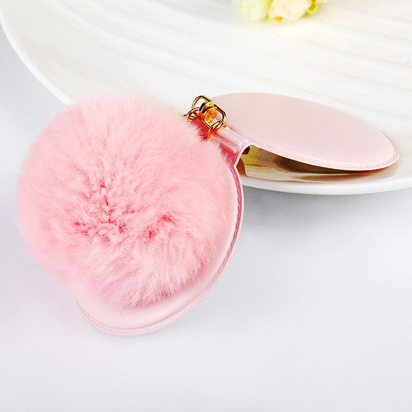 2016 New Women Gifts Cute Make Up Mirror  Real Rabbit Fur Ball Fluffy Key Chain Car Keychain Ring Keys Holder Bag Purse Charm