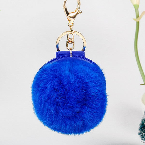 2016 New Women Gifts Cute Make Up Mirror  Real Rabbit Fur Ball Fluffy Key Chain Car Keychain Ring Keys Holder Bag Purse Charm