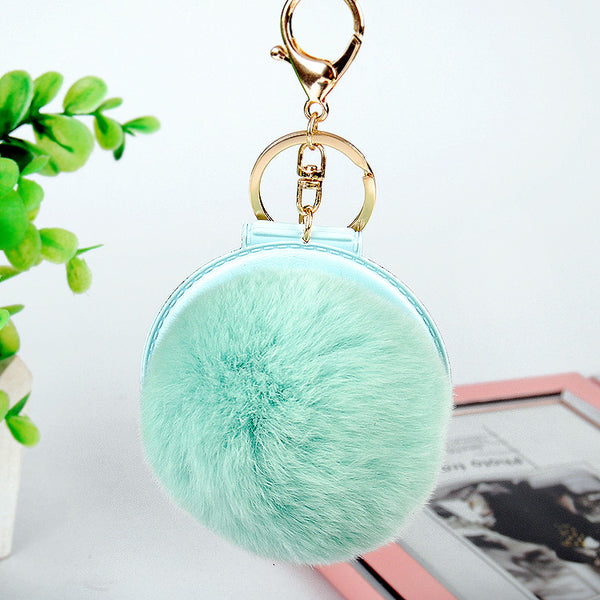 2016 New Women Gifts Cute Make Up Mirror  Real Rabbit Fur Ball Fluffy Key Chain Car Keychain Ring Keys Holder Bag Purse Charm