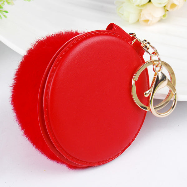 2016 New Women Gifts Cute Make Up Mirror  Real Rabbit Fur Ball Fluffy Key Chain Car Keychain Ring Keys Holder Bag Purse Charm