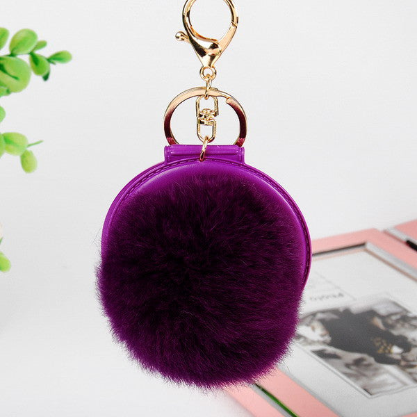 2016 New Women Gifts Cute Make Up Mirror  Real Rabbit Fur Ball Fluffy Key Chain Car Keychain Ring Keys Holder Bag Purse Charm