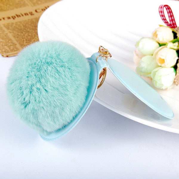 2016 New Women Gifts Cute Make Up Mirror  Real Rabbit Fur Ball Fluffy Key Chain Car Keychain Ring Keys Holder Bag Purse Charm