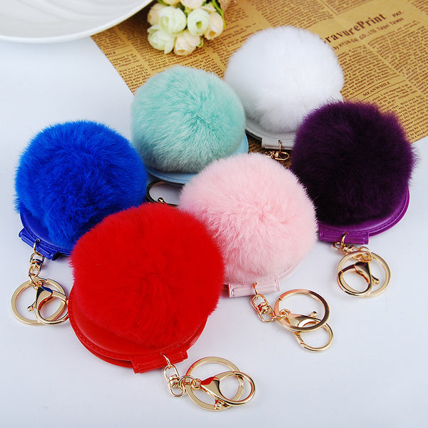 2016 New Women Gifts Cute Make Up Mirror  Real Rabbit Fur Ball Fluffy Key Chain Car Keychain Ring Keys Holder Bag Purse Charm