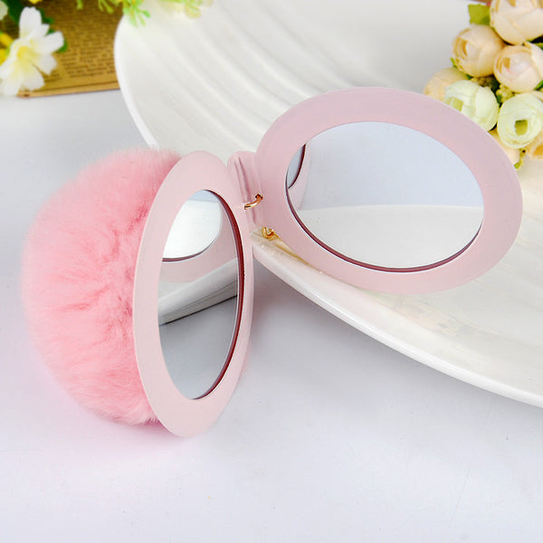 2016 New Women Gifts Cute Make Up Mirror  Real Rabbit Fur Ball Fluffy Key Chain Car Keychain Ring Keys Holder Bag Purse Charm