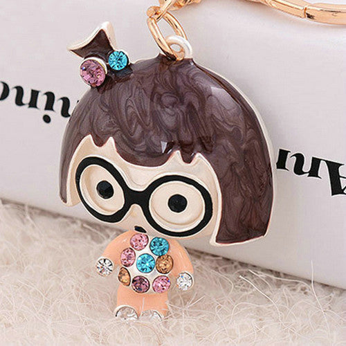 2016 New Zinc Alloy Rhinestone Enamel Cartoon Girls Keychains Keyring Creative Women Purse Bag Charm Jewelry Free Shipping