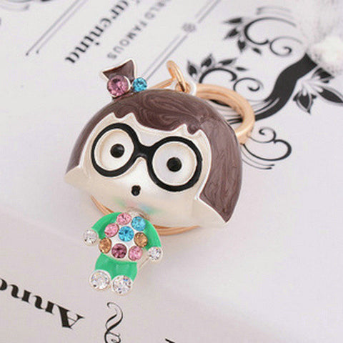 2016 New Zinc Alloy Rhinestone Enamel Cartoon Girls Keychains Keyring Creative Women Purse Bag Charm Jewelry Free Shipping