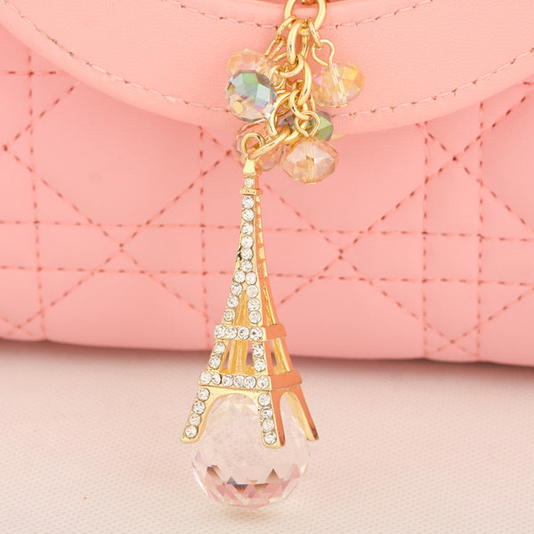 Bead Tassel Rhinestone Effiel Tower Keychain Fashion Metal Trinkets Key Chain Ring for Women Bag Car Gift Purse Charm Pendant