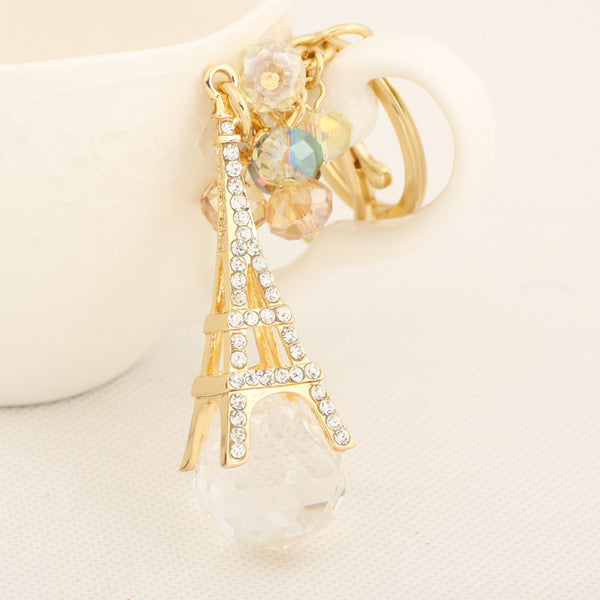 Bead Tassel Rhinestone Effiel Tower Keychain Fashion Metal Trinkets Key Chain Ring for Women Bag Car Gift Purse Charm Pendant