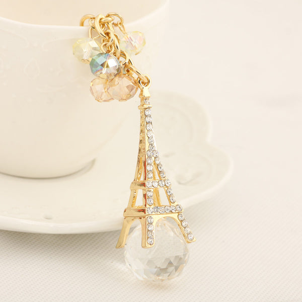 Bead Tassel Rhinestone Effiel Tower Keychain Fashion Metal Trinkets Key Chain Ring for Women Bag Car Gift Purse Charm Pendant