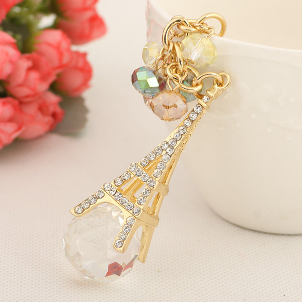 Bead Tassel Rhinestone Effiel Tower Keychain Fashion Metal Trinkets Key Chain Ring for Women Bag Car Gift Purse Charm Pendant