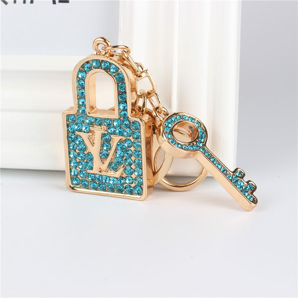 Blue Lock Key Pendant Charm Rhinestone Crystal Purse Bag Keyring Key Chain Accessories Wedding Party Lover Friend Gift