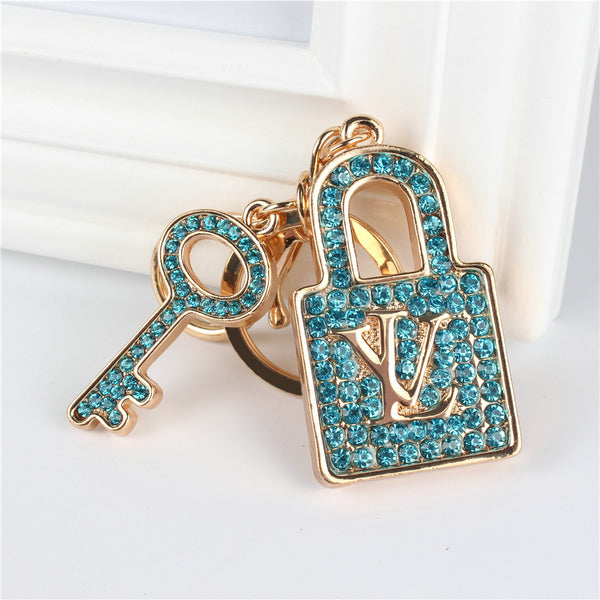 Blue Lock Key Pendant Charm Rhinestone Crystal Purse Bag Keyring Key Chain Accessories Wedding Party Lover Friend Gift