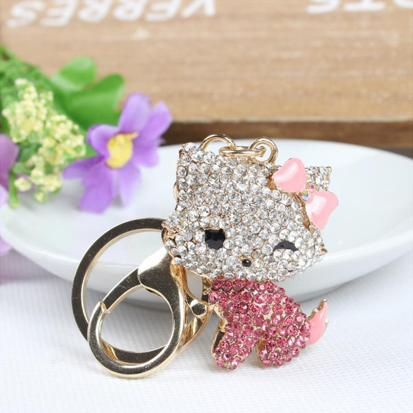 Butterfly Pink Hello Kitty Cat Cute Crystal Charm Purse Handbag Car Key Keyring Ring Keychain Party Birthday Gift