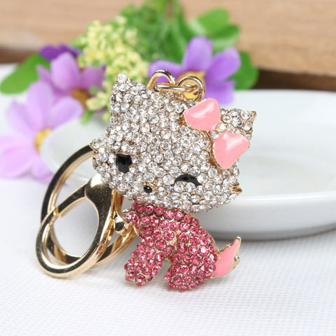 Butterfly Pink Hello Kitty Cat Cute Crystal Charm Purse Handbag Car Key Keyring Ring Keychain Party Birthday Gift