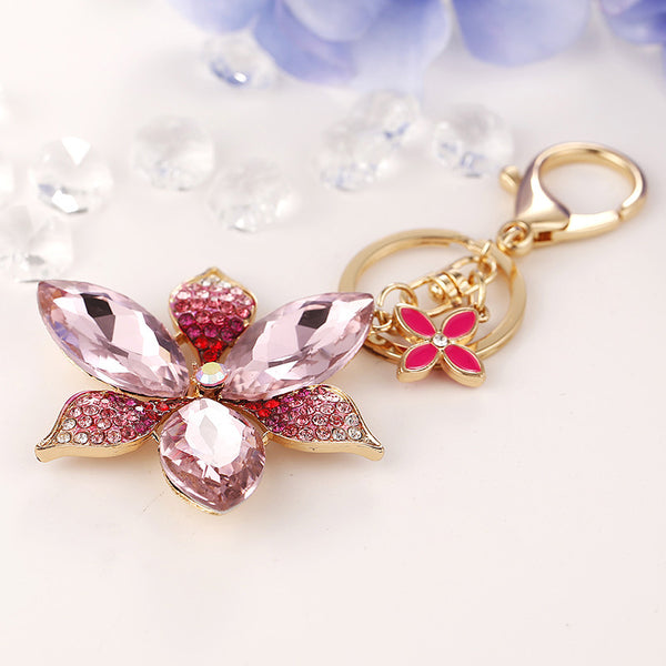 Charm trinket Rhinestone Flowers Keychains alloy CZ diamond keyring Fashion Women handbag Purse Bag decoration crystal key chain
