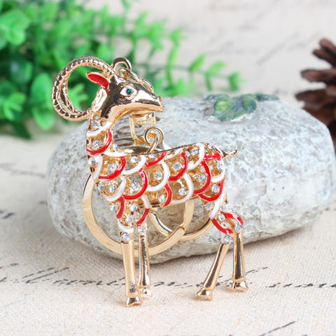 Chinese Zodiac Streak Goat Sheep Cute Crystal Rhinestone Charm Pendant Purse Bag Car Key Ring Chain Creative Wedding Party Gift