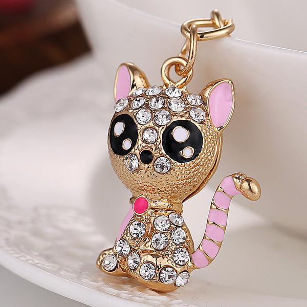 Creative novelty keychain!Rhinestone cute cat Key chains holder Animal purse Keyring charms women bag  Jewelry birthday gift