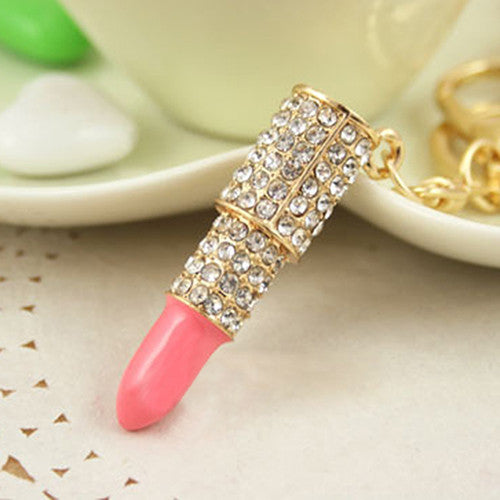 Crystal Rhinestone Lipstick Keyring Charm Pendant Bag Purse Car Key Chain Gift  957W