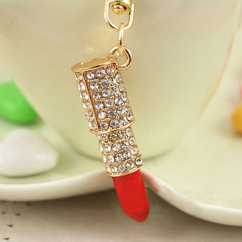 Crystal Rhinestone Lipstick Keyring Charm Pendant Bag Purse Car Key Chain Gift  957W