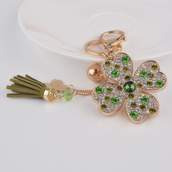 Crystal Rhinestone Plating Four Leaf Clover Tassel Keychain Fashion Metal Trinkets Key Chain Ring  Bag Gift Purse Charm Pendant