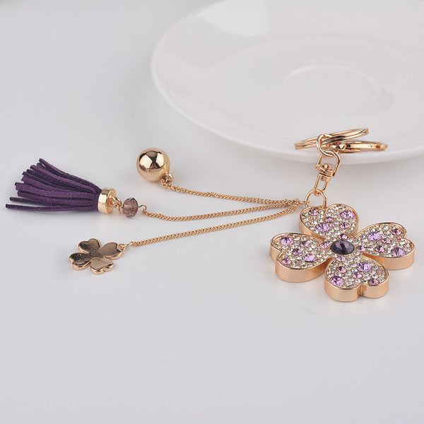 Crystal Rhinestone Plating Four Leaf Clover Tassel Keychain Fashion Metal Trinkets Key Chain Ring  Bag Gift Purse Charm Pendant