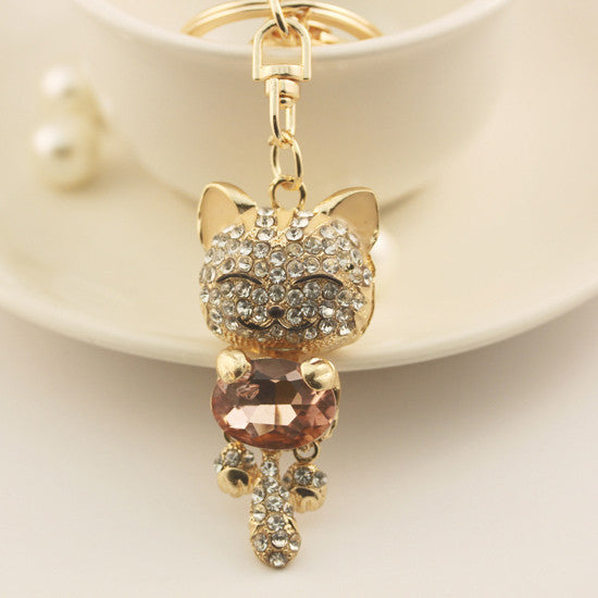 Crystal Zinc Alloy Cat Keychain Rhinestone Fashion Unisex Lucky Key Chain Ring Purse Charm Accessory Chaveiro Key Holder PWK0029