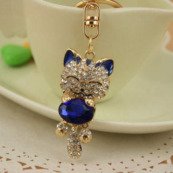 Crystal Zinc Alloy Cat Keychain Rhinestone Fashion Unisex Lucky Key Chain Ring Purse Charm Accessory Chaveiro Key Holder PWK0029