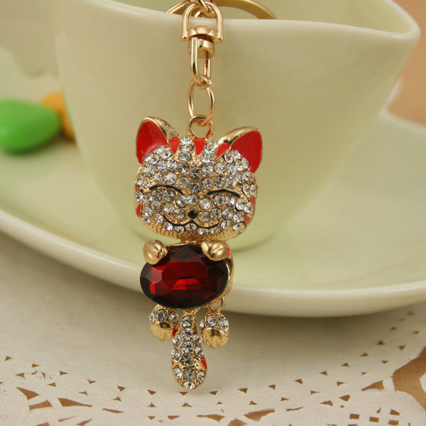 Crystal Zinc Alloy Cat Keychain Rhinestone Fashion Unisex Lucky Key Chain Ring Purse Charm Accessory Chaveiro Key Holder PWK0029