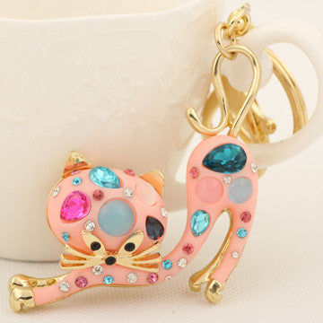 Cute Crystal Stretch Cat Keychain Fashion Rhinestone Animal Metal Key Chain Ring for Women Gift Bag Purse Charm Pendant Jewelry