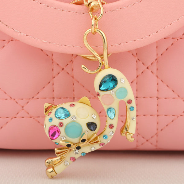 Cute Crystal Stretch Cat Keychain Fashion Rhinestone Animal Metal Key Chain Ring for Women Gift Bag Purse Charm Pendant Jewelry