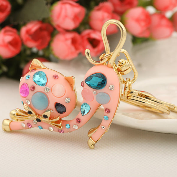 Cute Crystal Stretch Cat Keychain Fashion Rhinestone Animal Metal Key Chain Ring for Women Gift Bag Purse Charm Pendant Jewelry