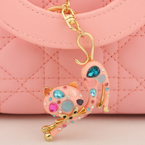 Cute Crystal Stretch Cat Keychain Fashion Rhinestone Animal Metal Key Chain Ring for Women Gift Bag Purse Charm Pendant Jewelry