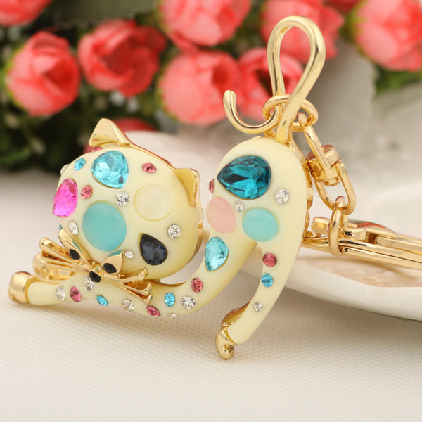 Cute Crystal Stretch Cat Keychain Fashion Rhinestone Animal Metal Key Chain Ring for Women Gift Bag Purse Charm Pendant Jewelry