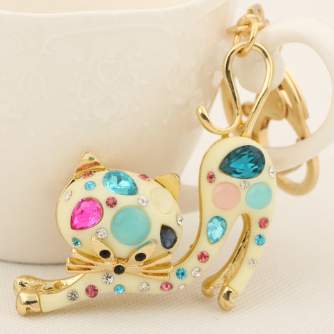 Cute Crystal Stretch Cat Keychain Fashion Rhinestone Animal Metal Key Chain Ring for Women Gift Bag Purse Charm Pendant Jewelry