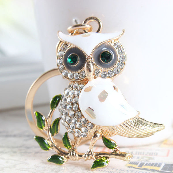 Cute Owl Branch White Crystal Charm Purse Handbag Car Key Keyring Keychain Party Wedding Birthday Gift