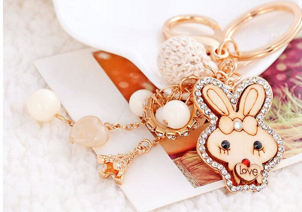 Cute Rabbit Rhinestone Keychain Alloy Keyring Crystal Purse handBag Accessory With Pearl Charm Christmas Gift