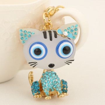 Cute Resin Big Eye Cat Keychain Fashion Rhinestone Animal Metal Key Chain Ring for Women Gift Bag Purse Charm Pendant Jewelry