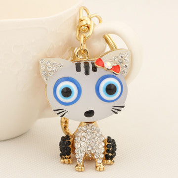 Cute Resin Big Eye Cat Keychain Fashion Rhinestone Animal Metal Key Chain Ring for Women Gift Bag Purse Charm Pendant Jewelry