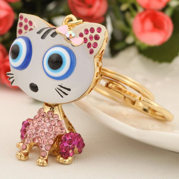 Cute Resin Big Eye Cat Keychain Fashion Rhinestone Animal Metal Key Chain Ring for Women Gift Bag Purse Charm Pendant Jewelry