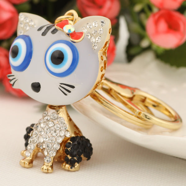 Cute Resin Big Eye Cat Keychain Fashion Rhinestone Animal Metal Key Chain Ring for Women Gift Bag Purse Charm Pendant Jewelry