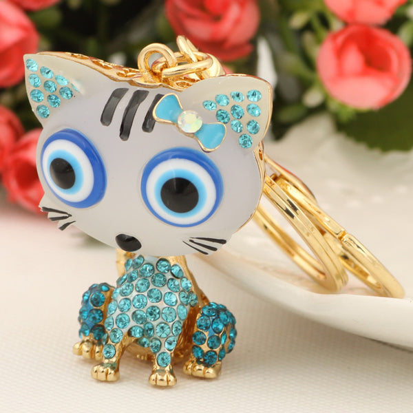 Cute Resin Big Eye Cat Keychain Fashion Rhinestone Animal Metal Key Chain Ring for Women Gift Bag Purse Charm Pendant Jewelry