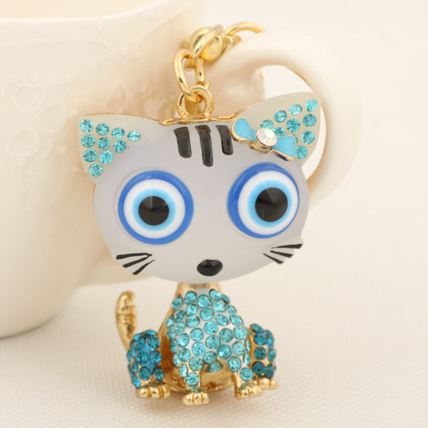 Cute Resin Big Eye Cat Keychain Fashion Rhinestone Animal Metal Key Chain Ring for Women Gift Bag Purse Charm Pendant Jewelry