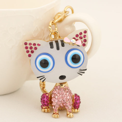 Cute Resin Big Eye Cat Keychain Fashion Rhinestone Animal Metal Key Chain Ring for Women Gift Bag Purse Charm Pendant Jewelry