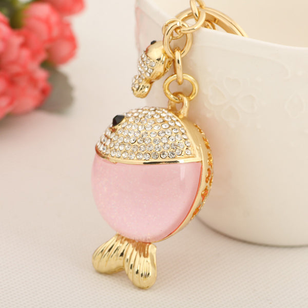 Cute Rhinestone Stone Double Fish Keychain Fashion Crystal Animal Metal Key Chain Ring for Women Gift Bag Purse Charm Pendant