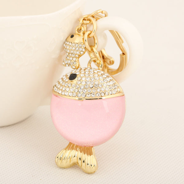 Cute Rhinestone Stone Double Fish Keychain Fashion Crystal Animal Metal Key Chain Ring for Women Gift Bag Purse Charm Pendant