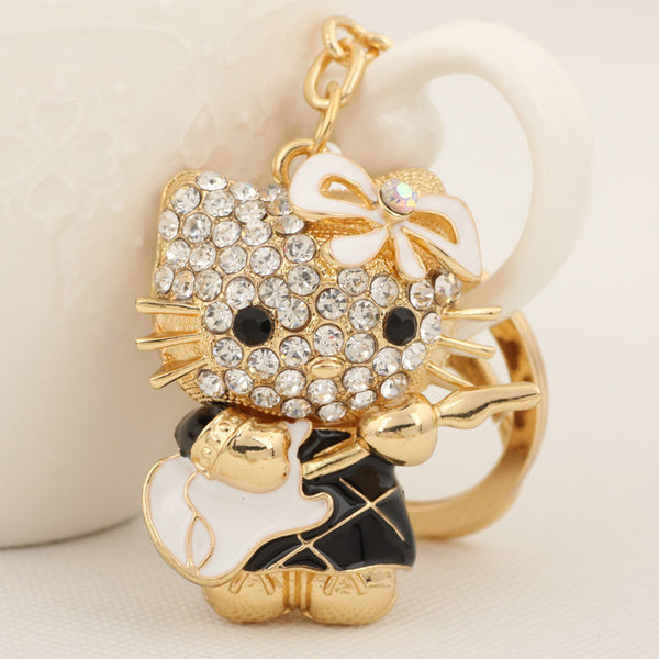 Cute Rhinestone Violin Cat Keychain Keyring Fashion Enamel Animal Metal Key Chain for Women Bag Purse Charms Pendant Accessories